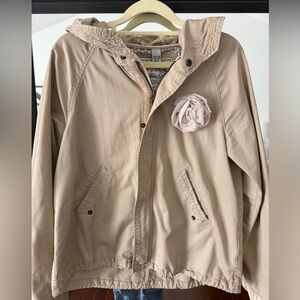 Zara Girl Cotton Beige Hooded Jacket with Floral Accent